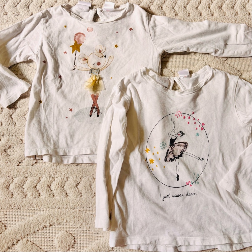 Zara Girls “Dance Theme” Long Sleeve White Tees, Sz 3-4Y Tutu Balletina Dance - Picture 10 of 10